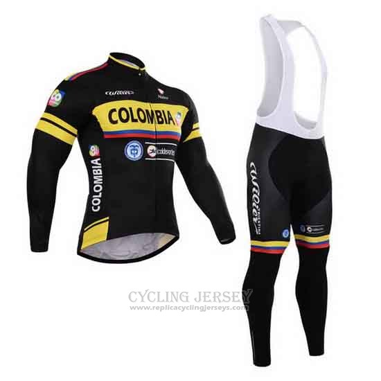 2015 Cycling Jersey Colombia Black and Yellow Long Sleeve and Bib Tight